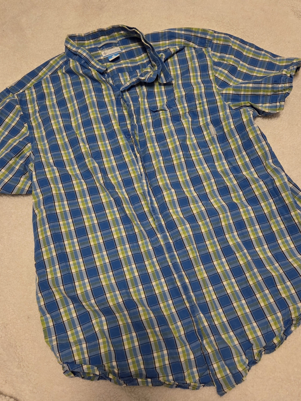 Columbia Blue and Green Plaid Short-Sleeve Button-Down Shirt